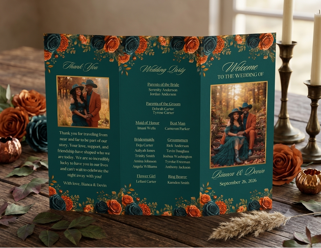 Editorial Burnt Orange & Teal Trifold Wedding Program Template