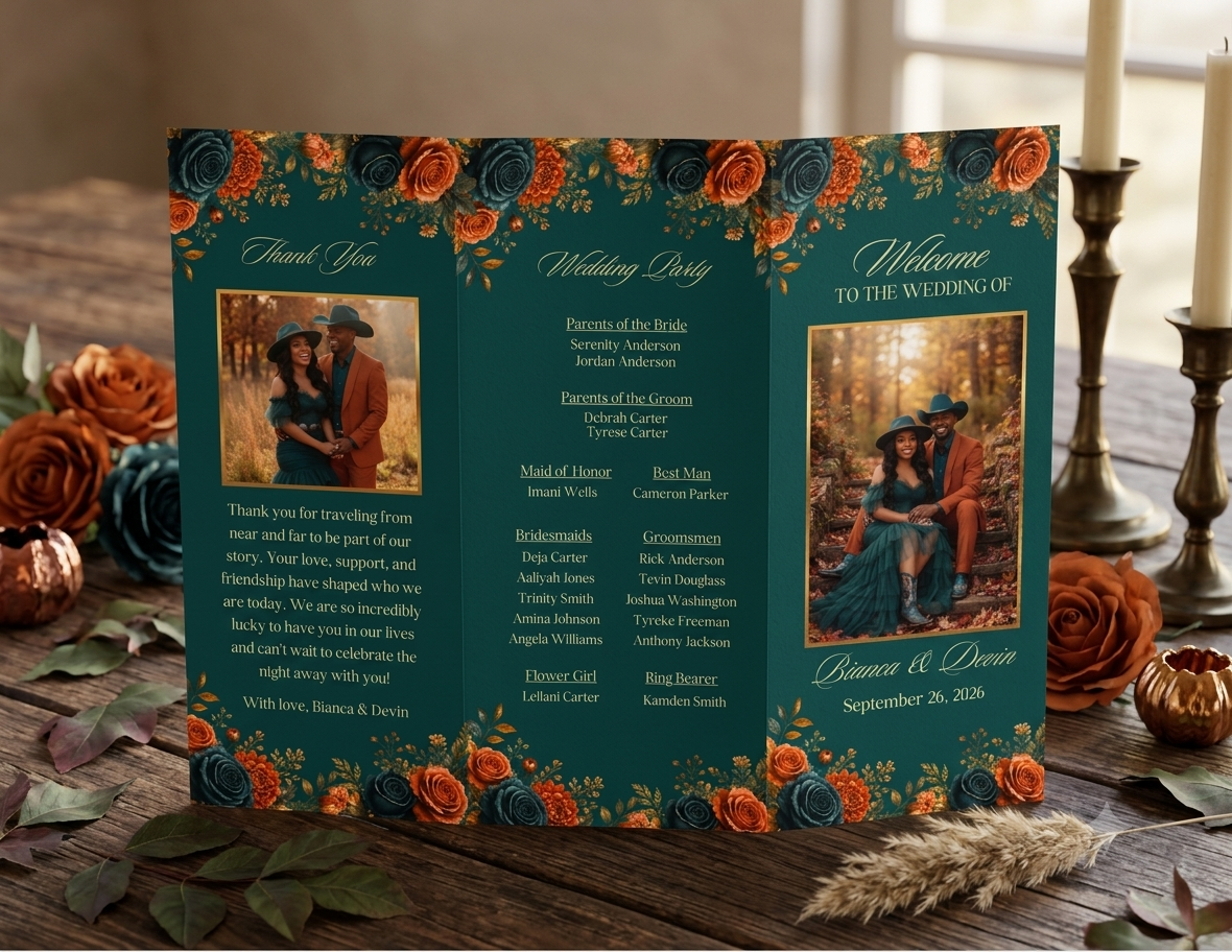 Editorial Burnt Orange & Teal Trifold Wedding Program Template