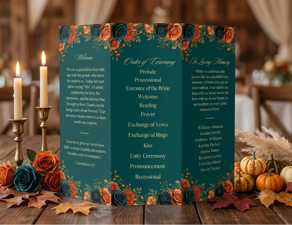 Editorial Burnt Orange & Teal Trifold Wedding Program Template
