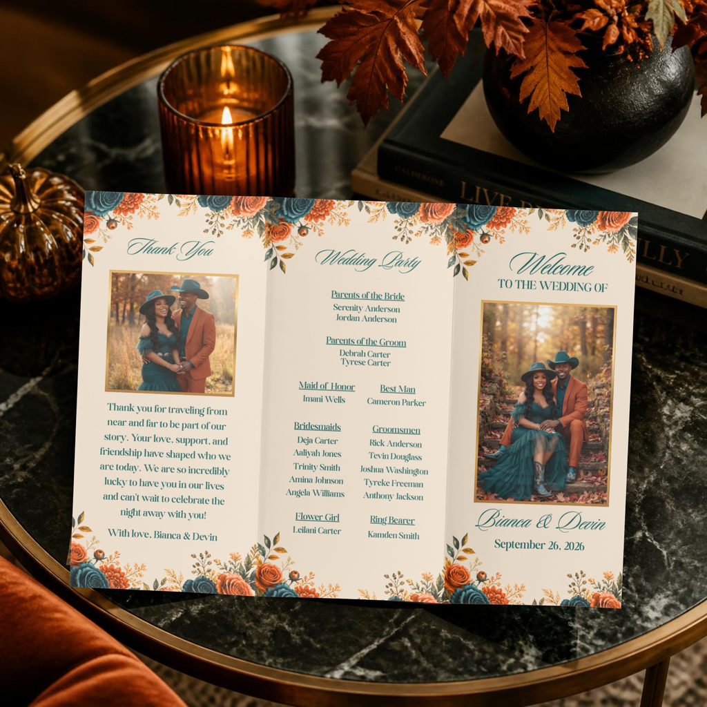 Fall Floral Trifold Wedding Program | Editable Canva Template | Wedding Ceremony Program | Printable Wedding Program