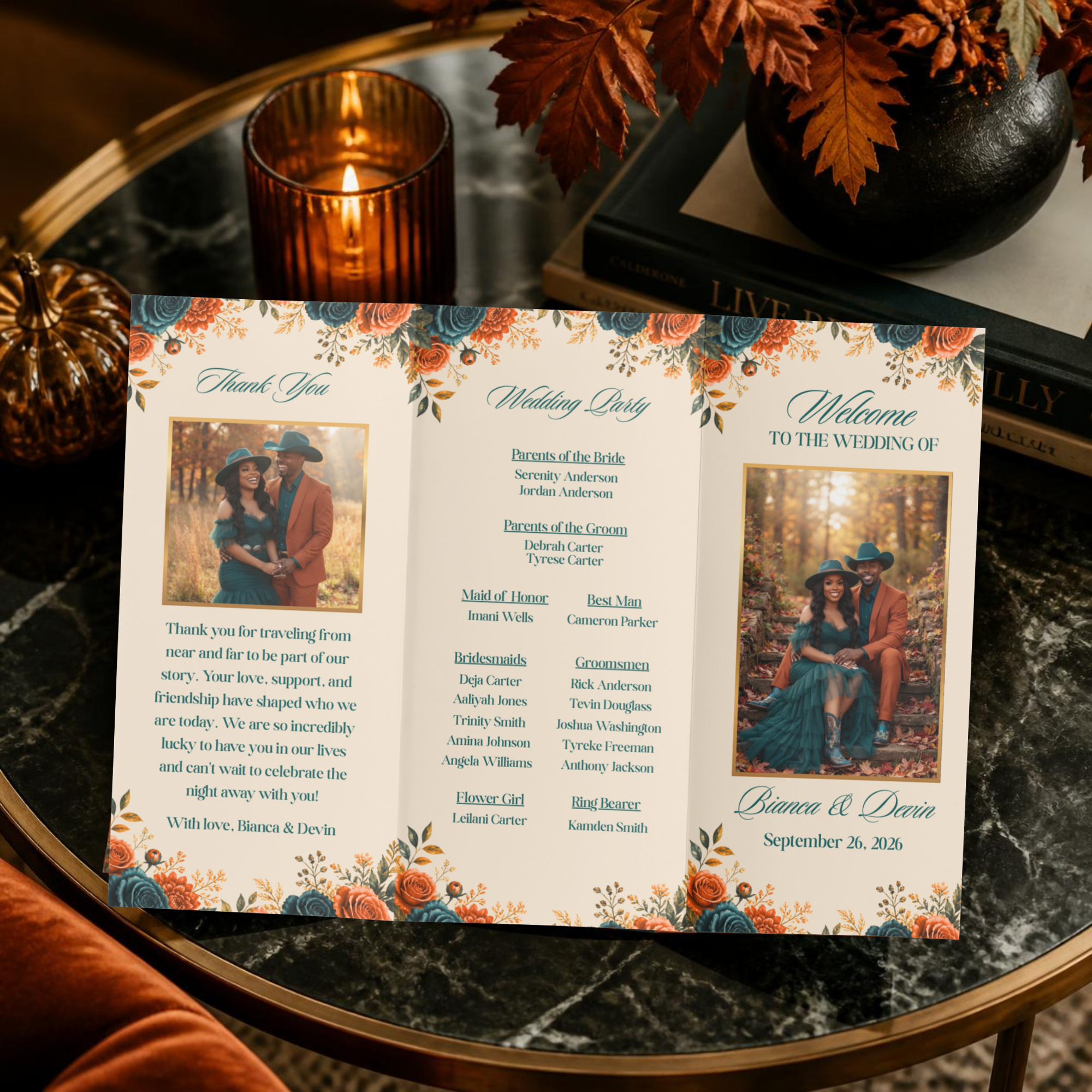 Fall Floral Trifold Wedding Program | Editable Canva Template | Wedding Ceremony Program | Printable Wedding Program