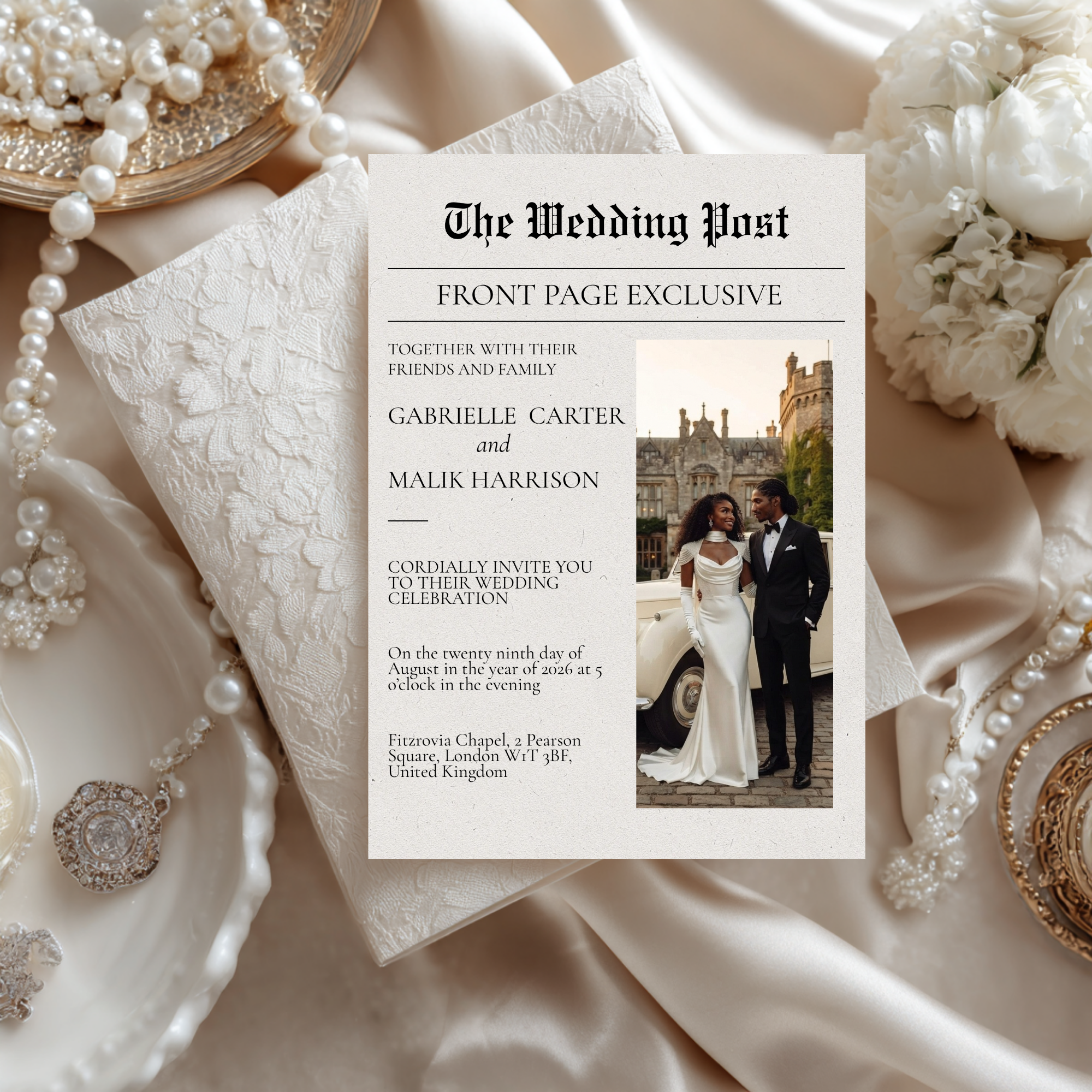 Editorial Newspaper Wedding Invitation Canva Template | Modern Wedding Invite | 5x7 Printable