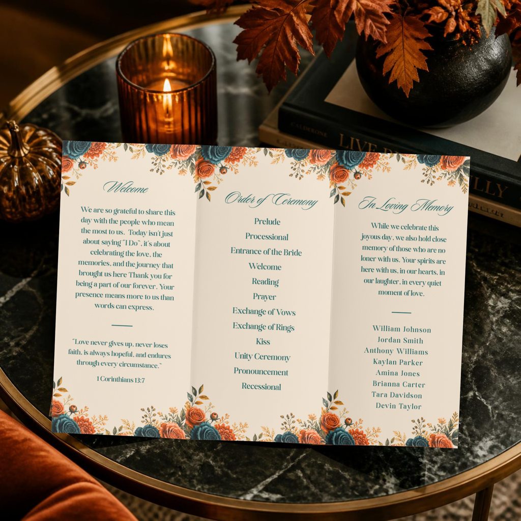 Fall Floral Trifold Wedding Program | Editable Canva Template | Wedding Ceremony Program | Printable Wedding Program