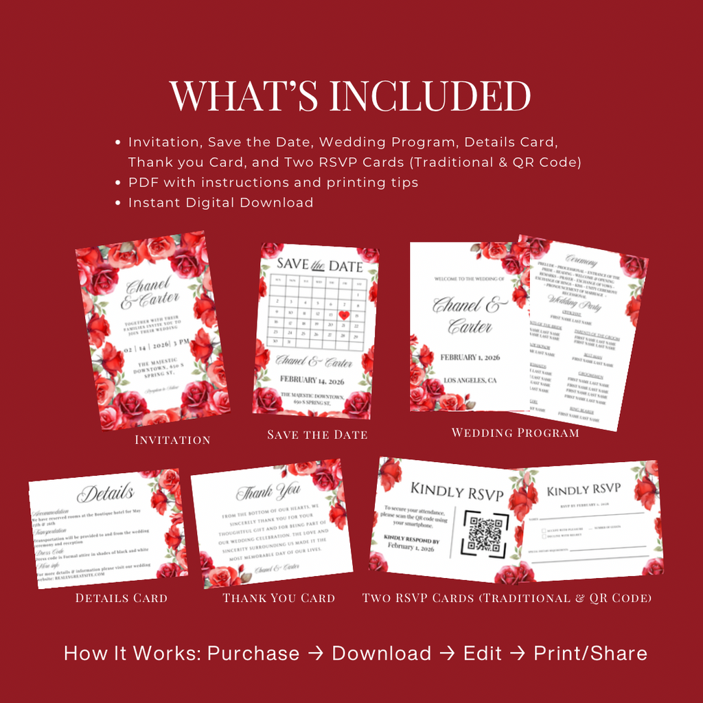 Red Rose Wedding Invitation Suite Template | Romantic Floral Wedding Suite | Editable Canva Wedding Invitations | Printable Invite Set