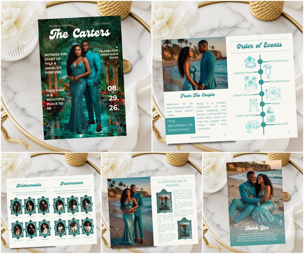 Wedding program pages: teal cover with couple photo and blue order-of-events diagram