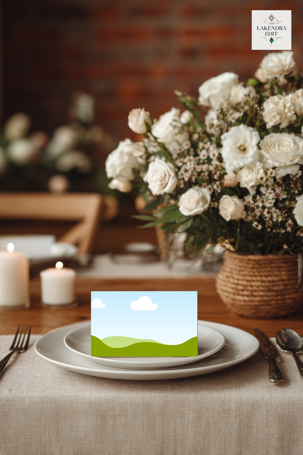 Wedding invitation card mockup on plate with blue sky, white cloud, and green hills design