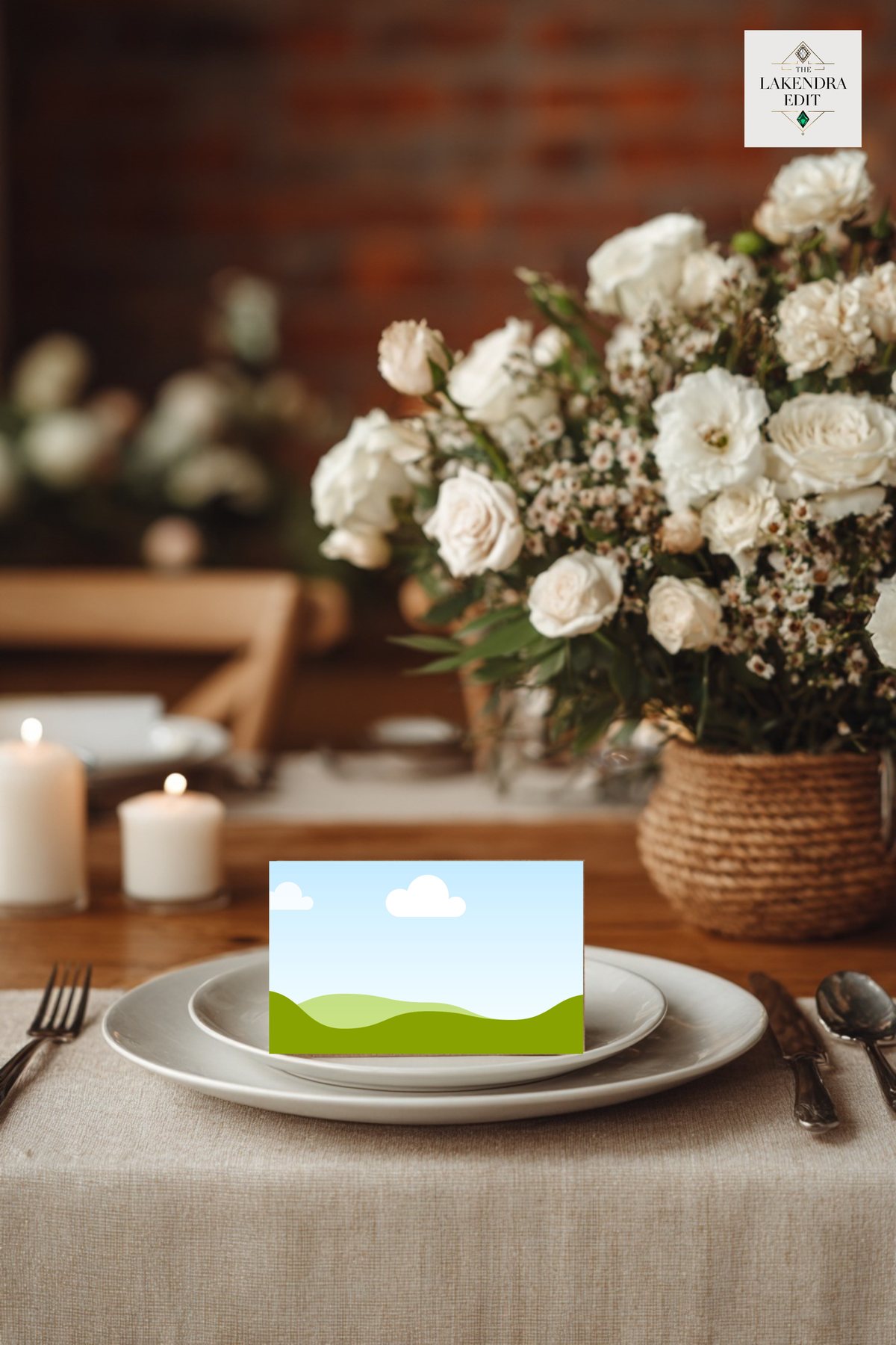 Wedding invitation card mockup on plate with blue sky, white cloud, and green hills design