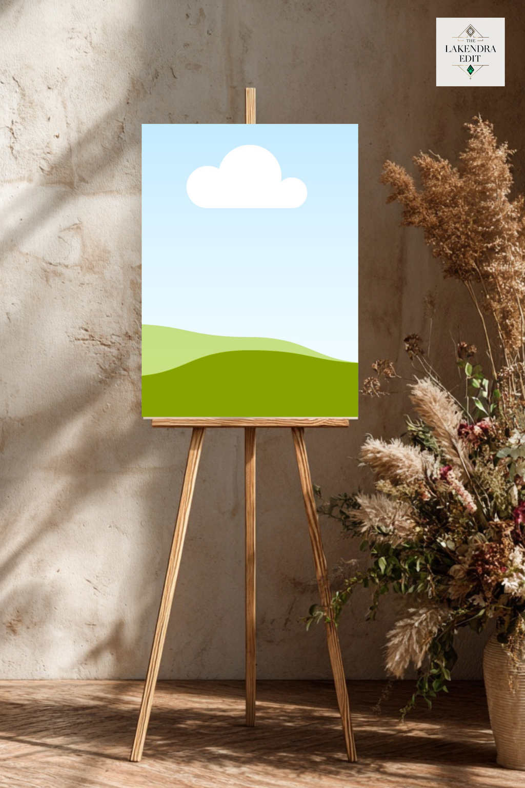 Wedding invitation card mockup with blue sky, white cloud, and green hills design