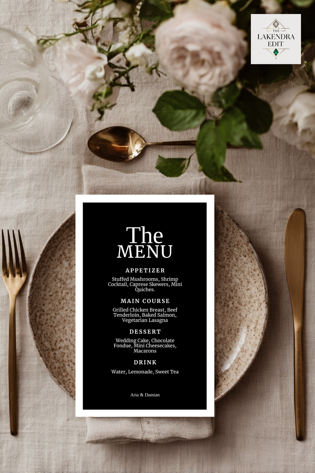 Black wedding menu card labeled "The MENU" with sections and "Aria & Damian"