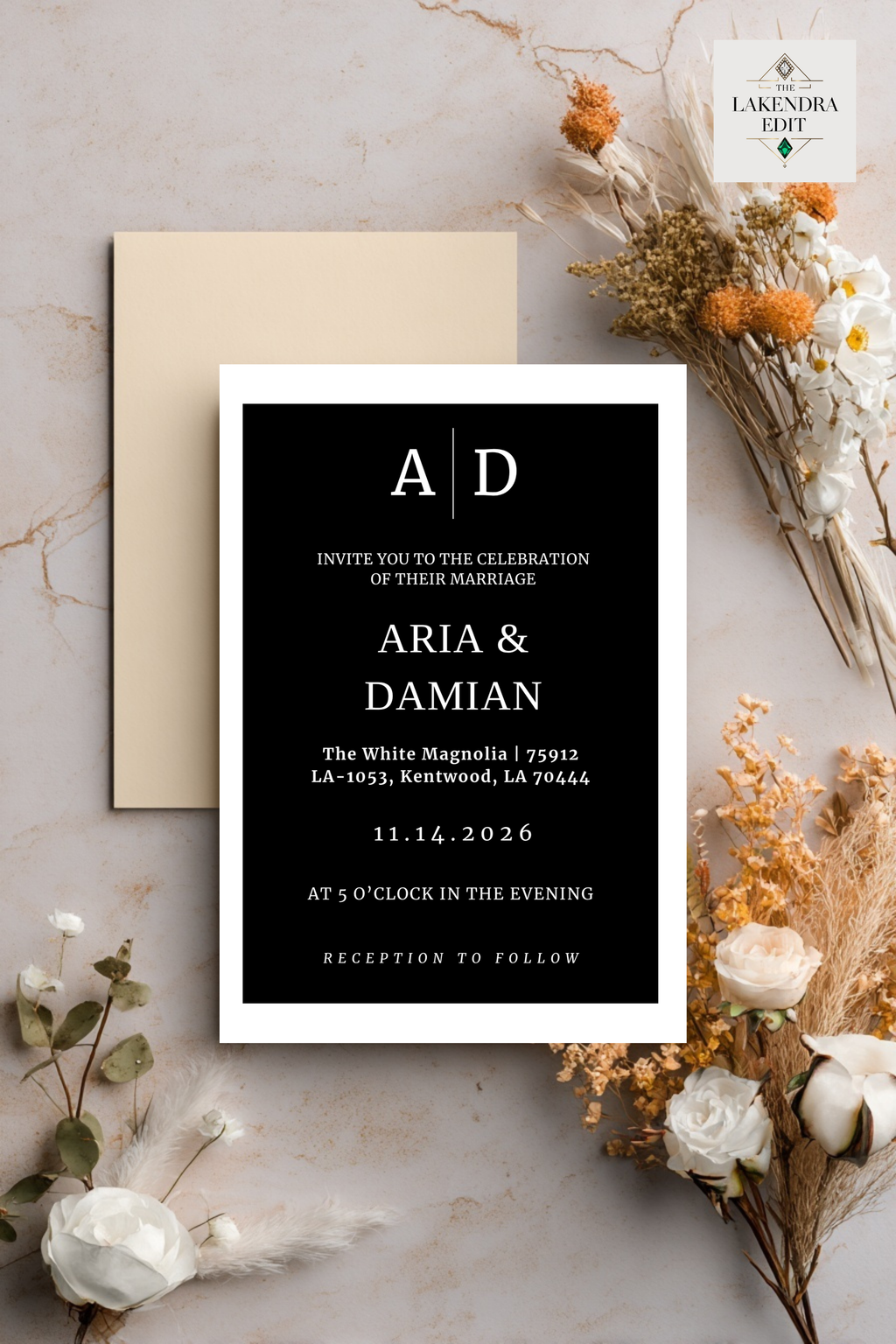 Black wedding invitation card reading "AD" and "Aria & Damian" with date details