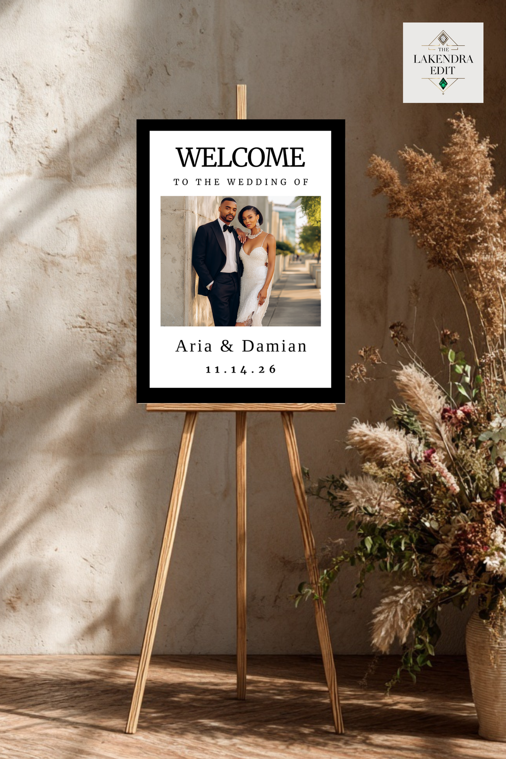 Wedding welcome card mockup with photo of couple and printed names "Aria & Damian"