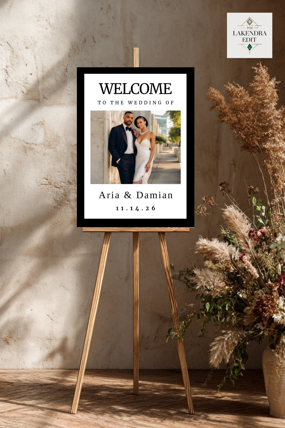 Wedding welcome card mockup with photo of couple and printed names "Aria & Damian"