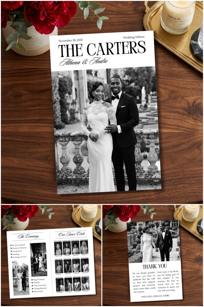 Wedding magazine wedding program cover with couple photo and elegant serif title
