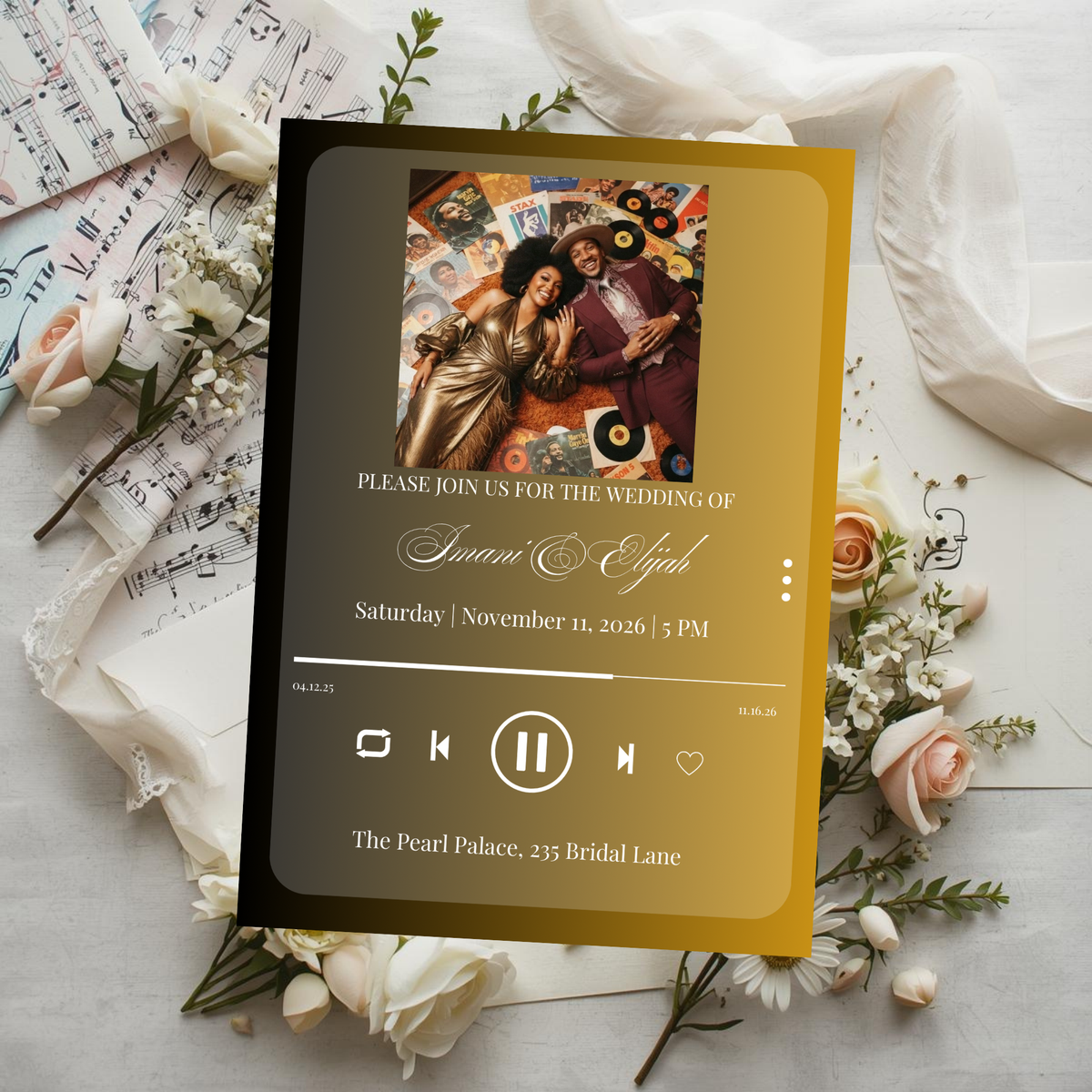 Wedding invitation card template with photo, dark design and gold border, wedding details and music icons
