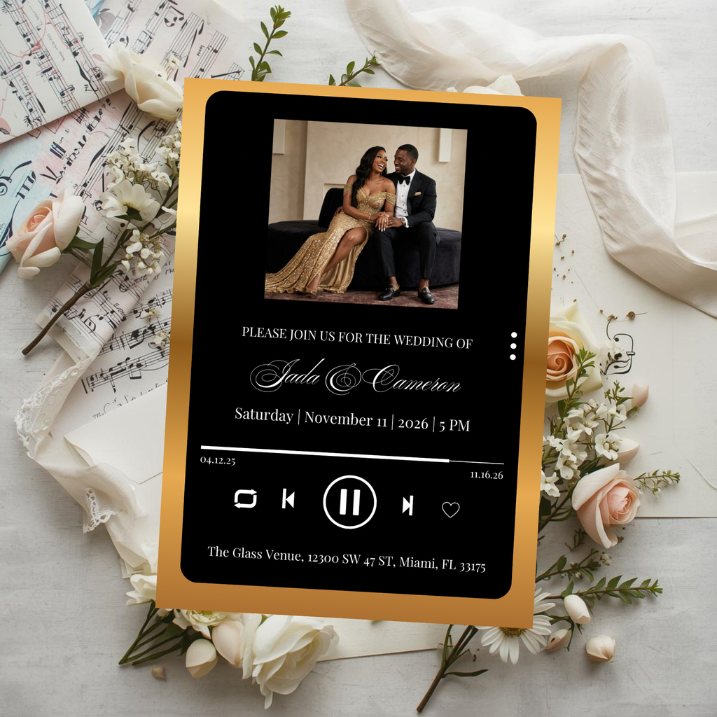 Wedding invitation card template with photo, black inner design, gold border, wedding text and music icons