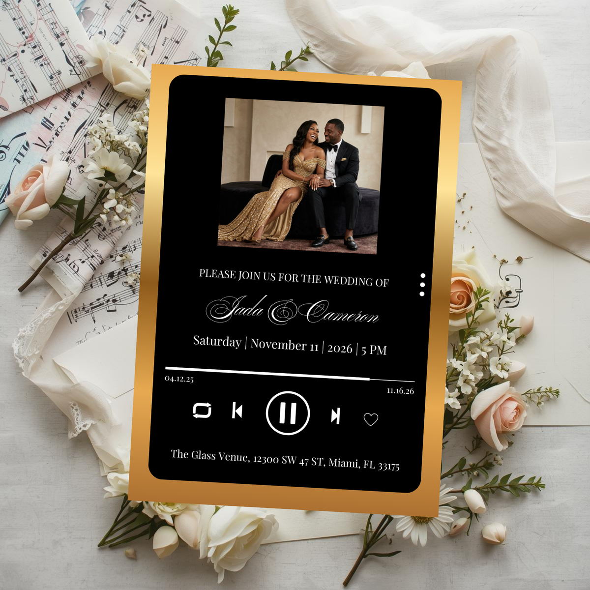 Wedding invitation card template with photo, black inner design, gold border, wedding text and music icons