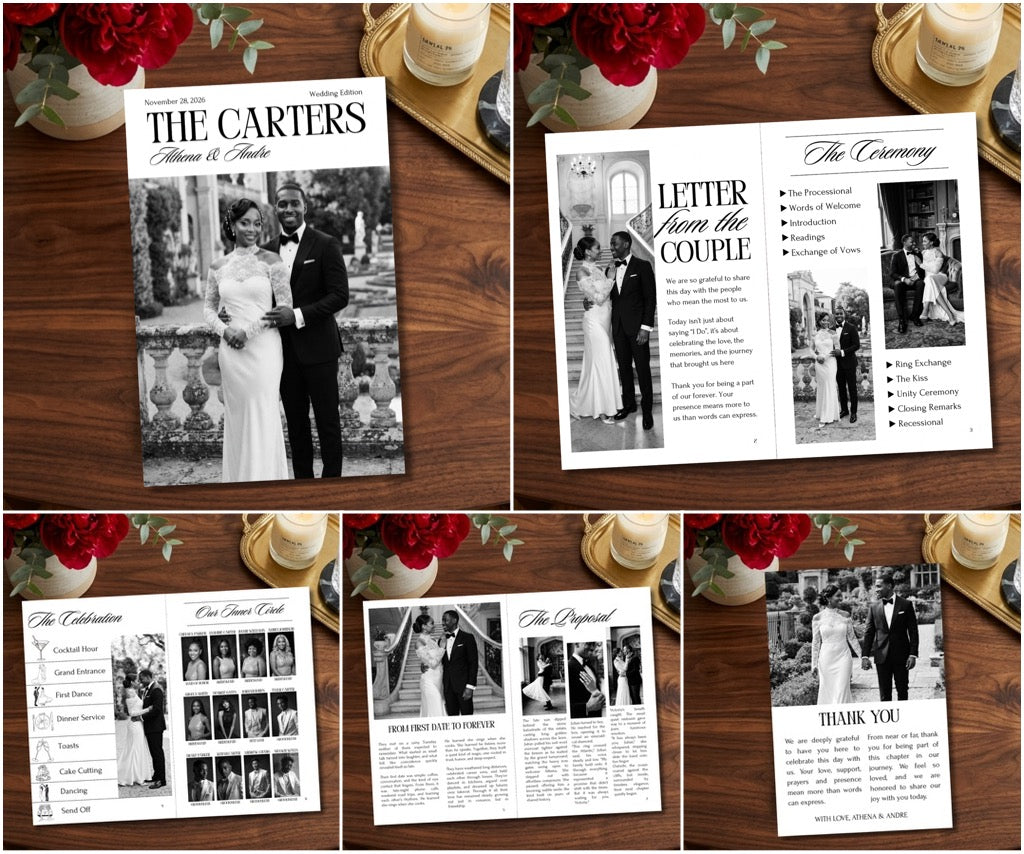 Editable wedding program template with black-and-white couple photo pages and text layouts