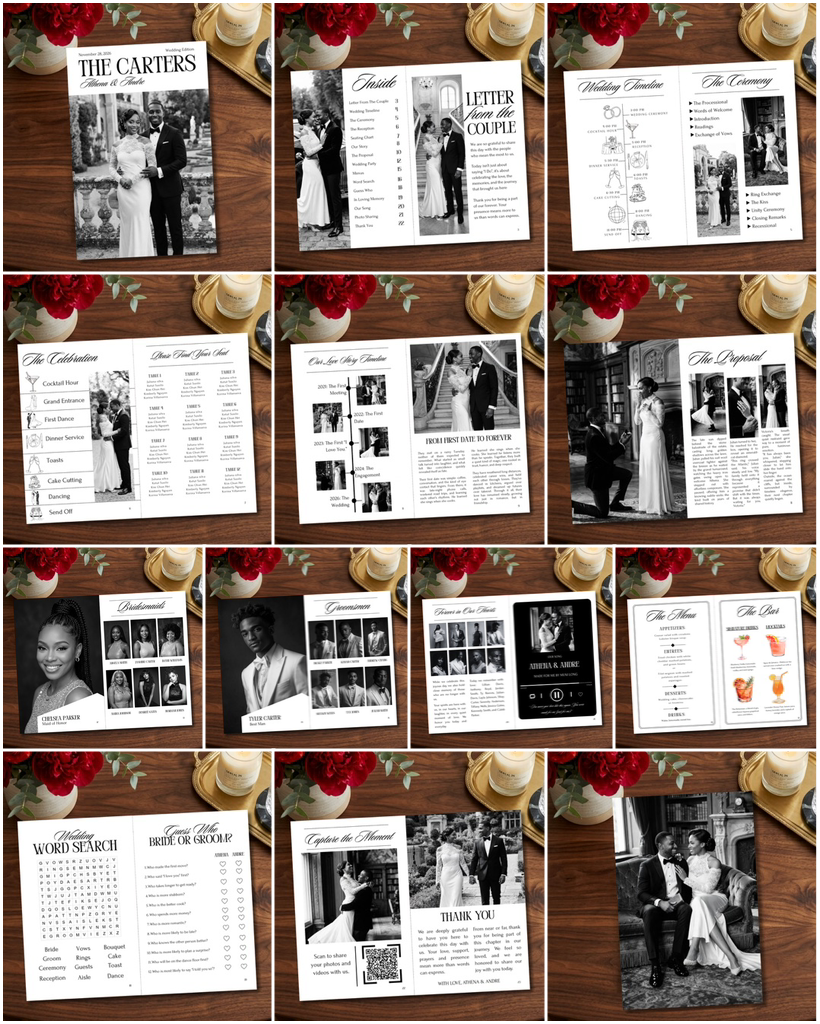 Wedding magazine program template showing multiple pages with black-and-white photos and text