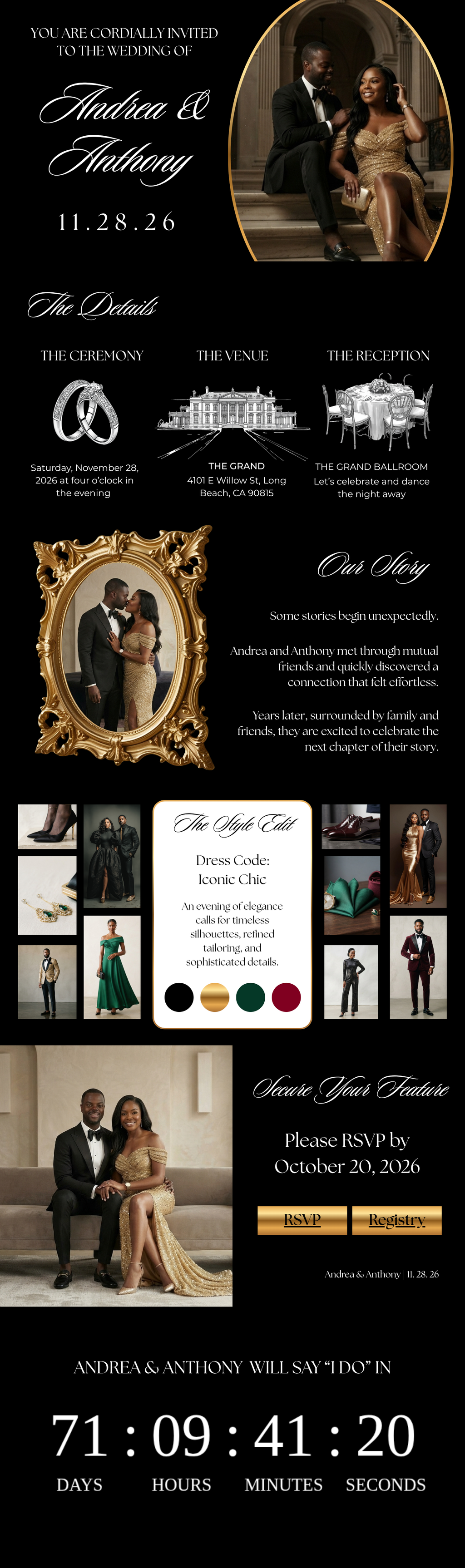 Black and gold wedding page with countdown timer, details icons, and couple photo