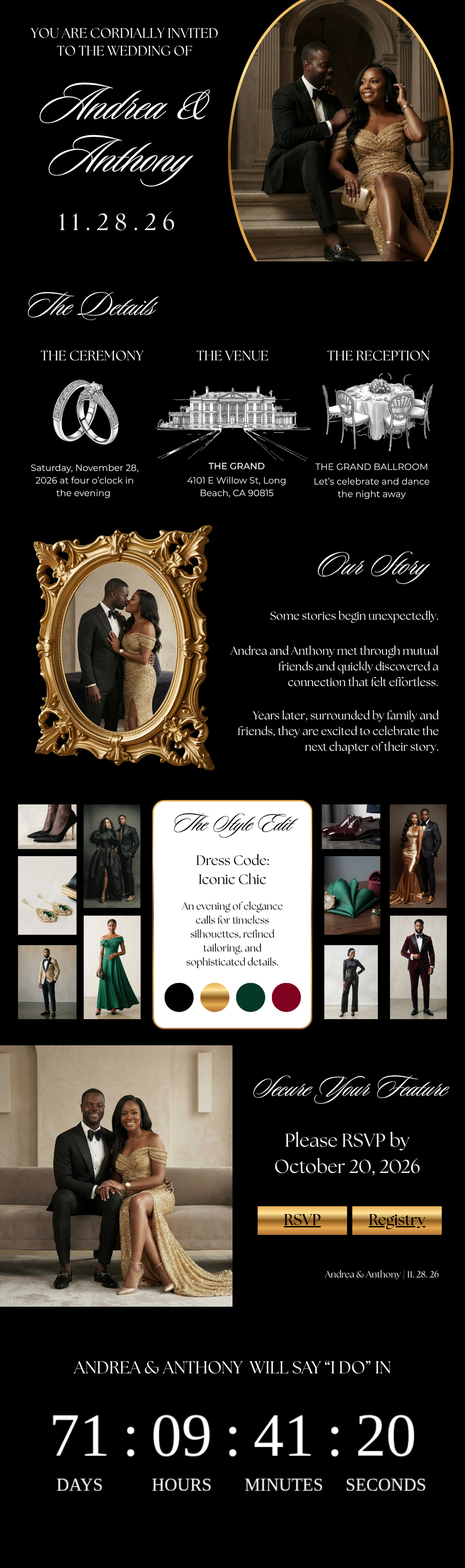 Black and gold wedding page with countdown timer, details icons, and couple photo