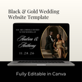 Black and gold wedding website template on laptop mockup with invite text