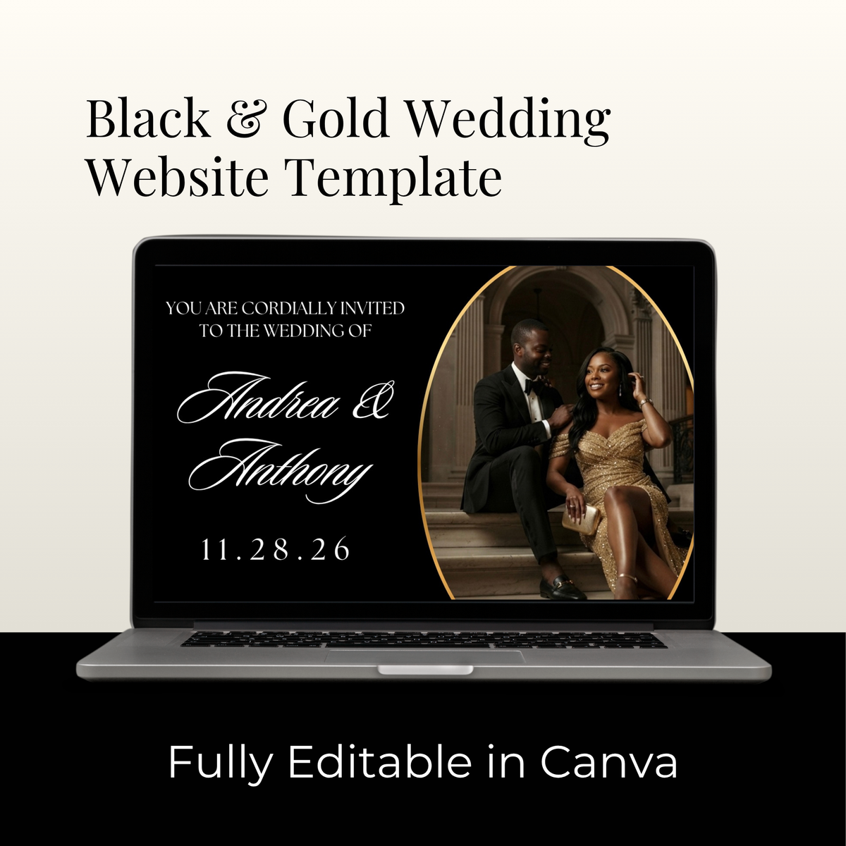 Black and gold wedding website template on laptop mockup with invite text
