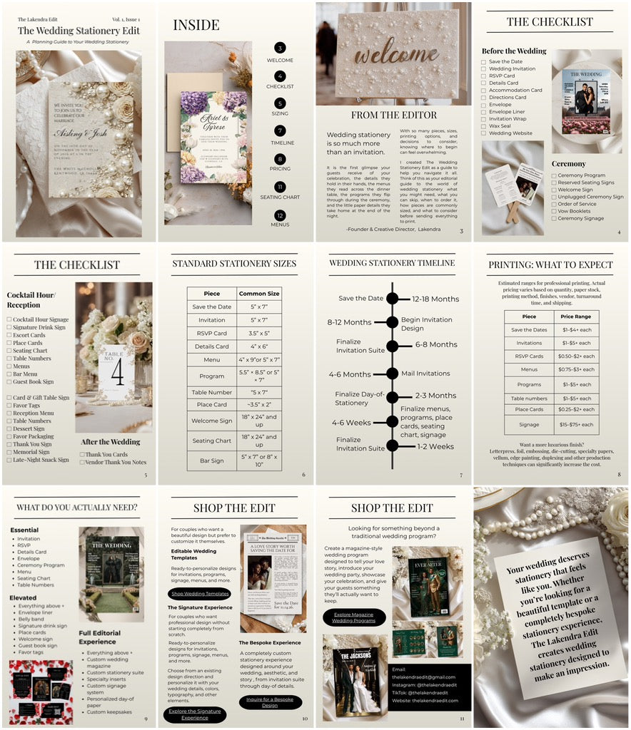 Wedding stationery planning guide spread with checklist and timeline pages