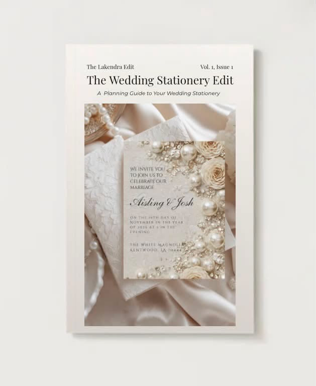 Wedding stationery planning guide cover with lace, pearl details, and floral border