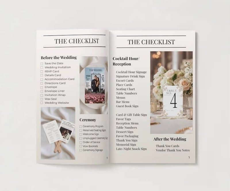 Wedding stationery planning guide open to checklist pages for before and after wedding