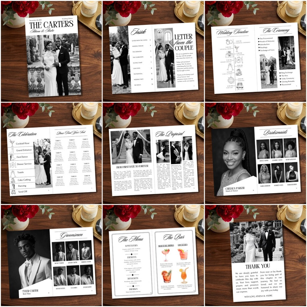 Wedding magazine program template spread collage with multiple designed pages and photo grids