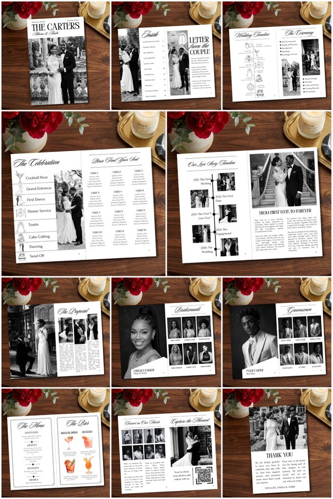 Wedding magazine program template page set collage with photo panels, text blocks, and thank-you