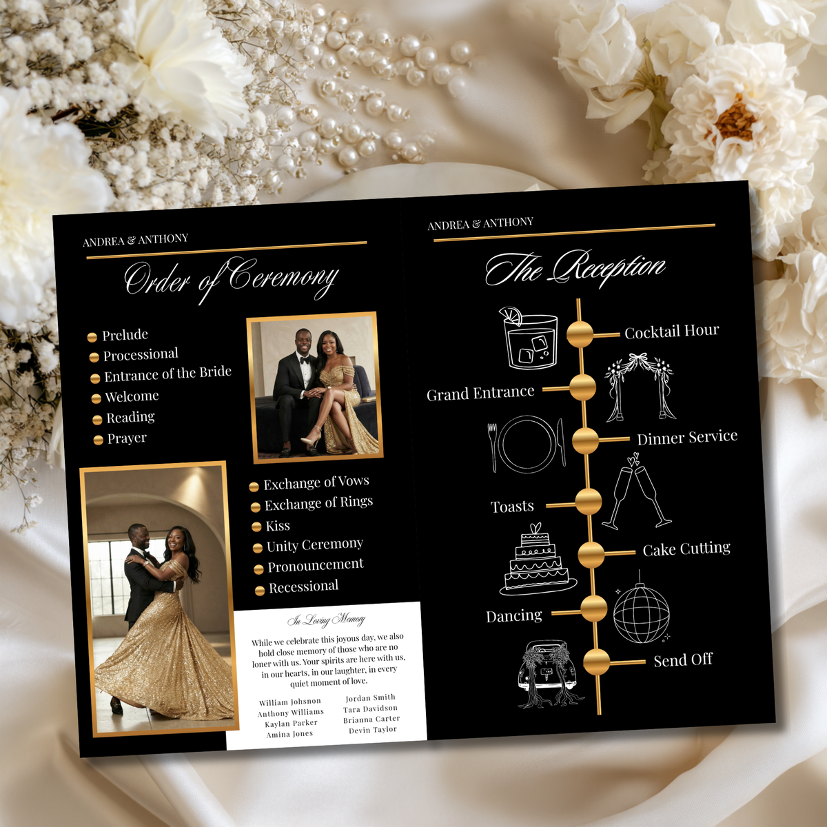 Wedding program two-page spread with black background and gold event headings