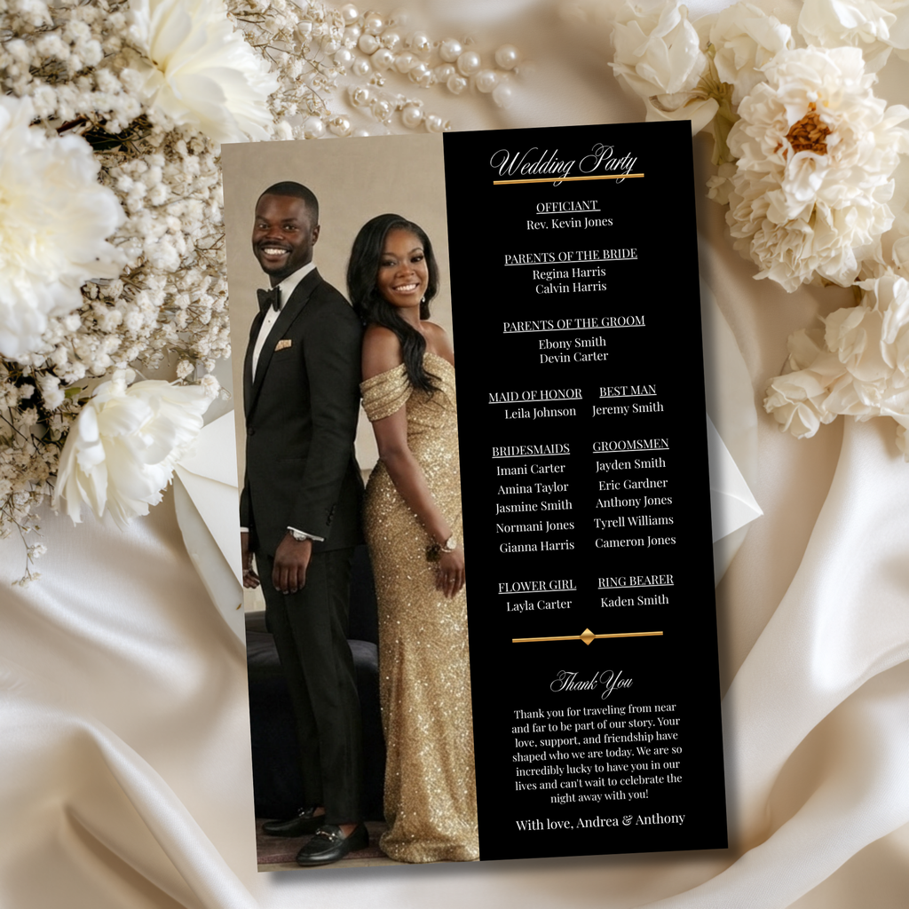 Wedding program page with couple photo and gold text on dark background
