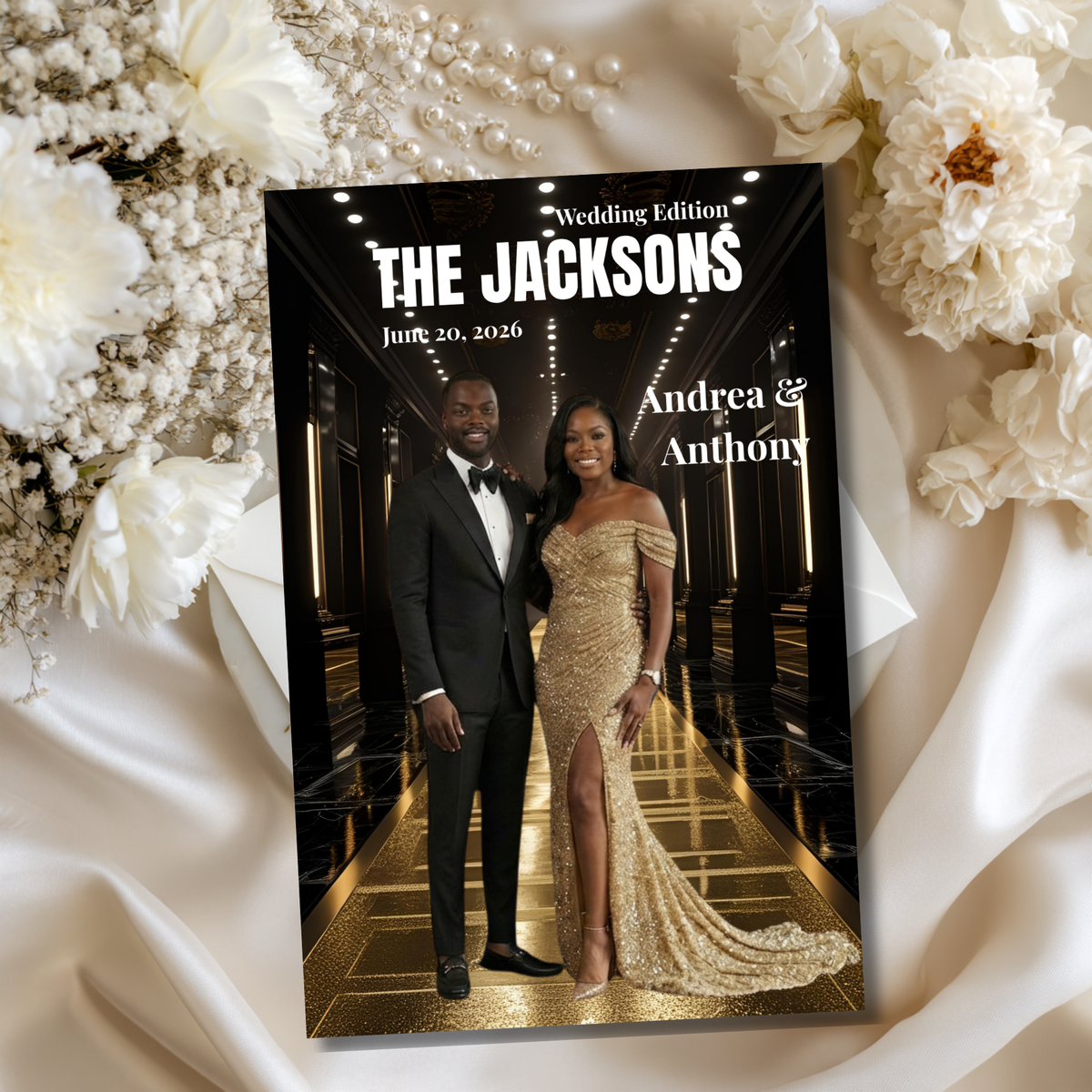 Wedding magazine cover with couple photo, black cover with gold accents