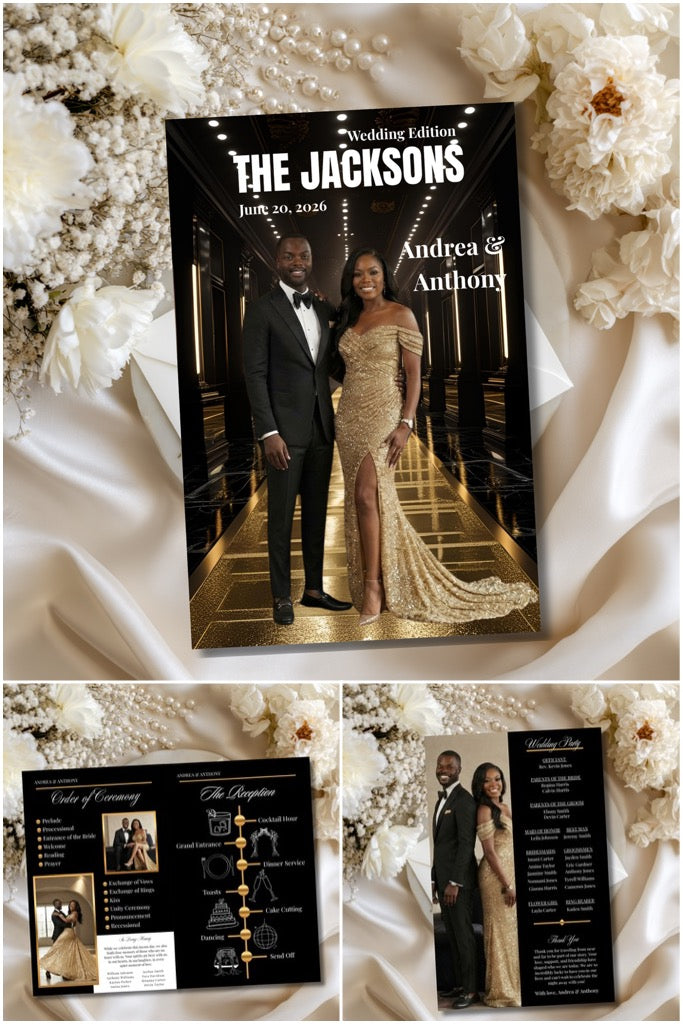 Wedding magazine cover with couple photo, black and gold design