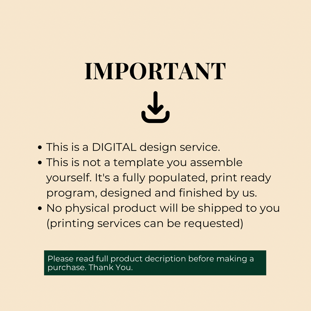 Digital wedding program design service info screen with bullet points