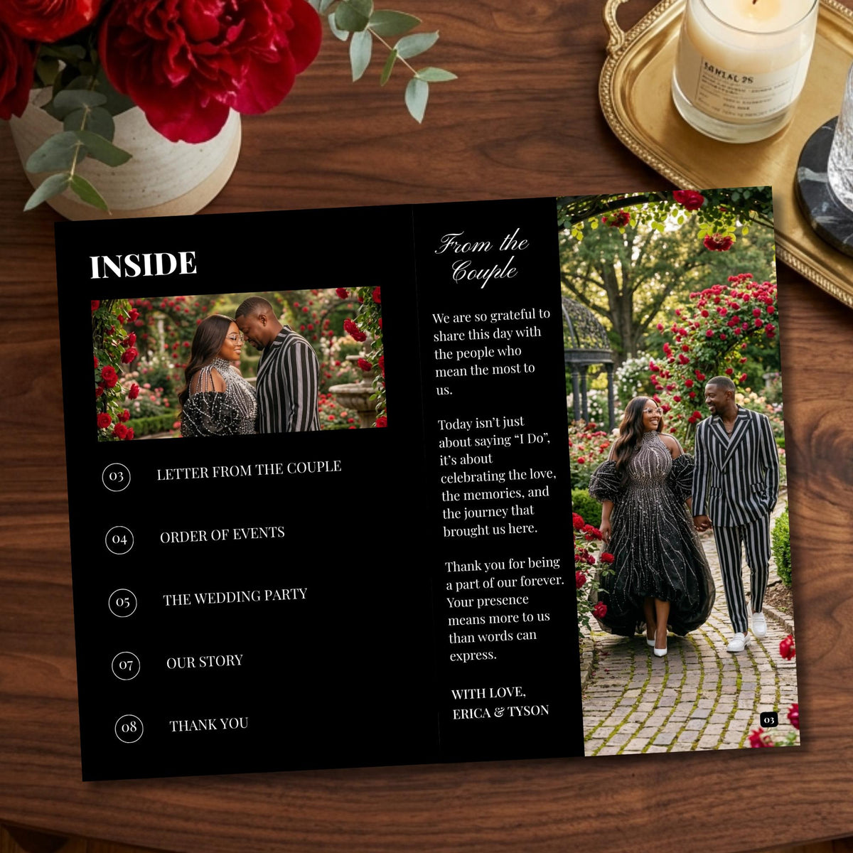 Black inside spread with 'INSIDE' section list and couple story text