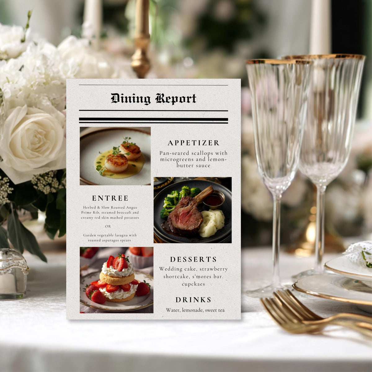 Wedding dinner menu template card with appetizer, entree, dessert, drinks sections
