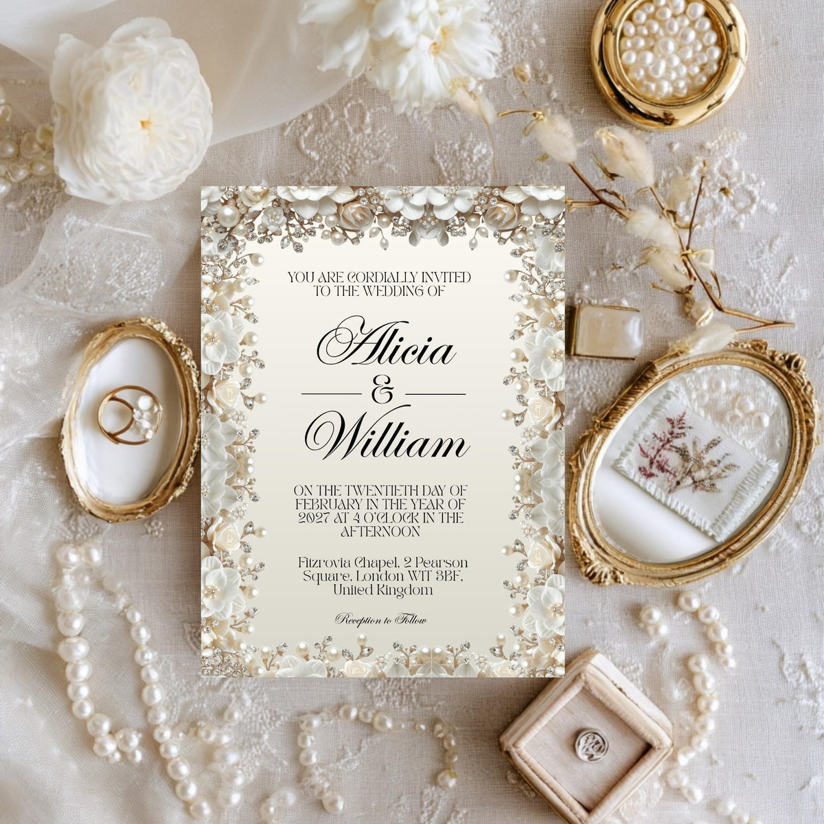 Wedding invitation suite template cards with floral border, ornate typography, and names