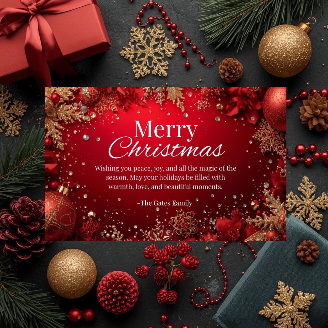 Red Christmas card with 'Merry Christmas' script and gold floral corner details