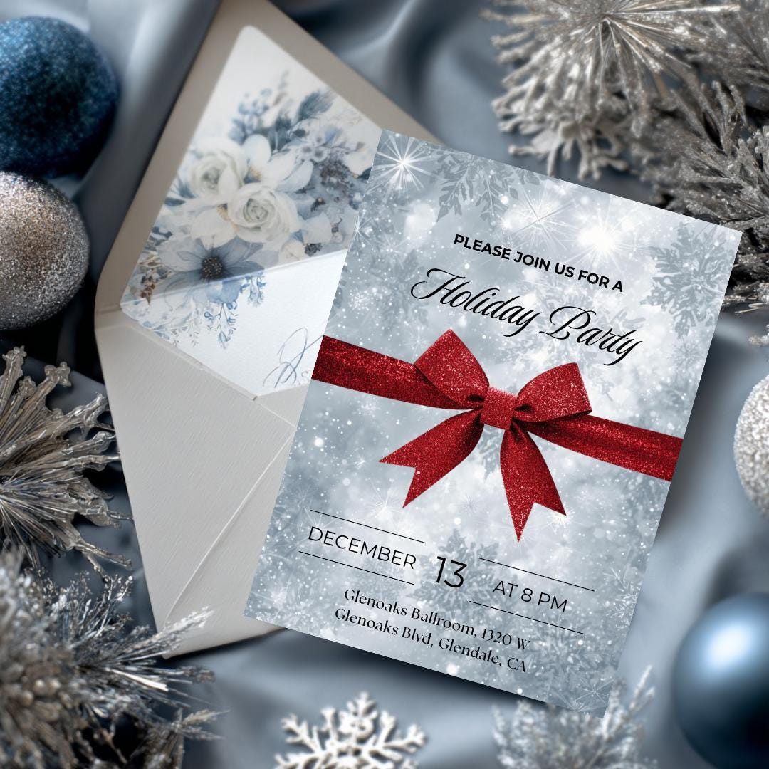 Classic Holiday Party Invitation | Red Bow & Snowflakes Canva Template