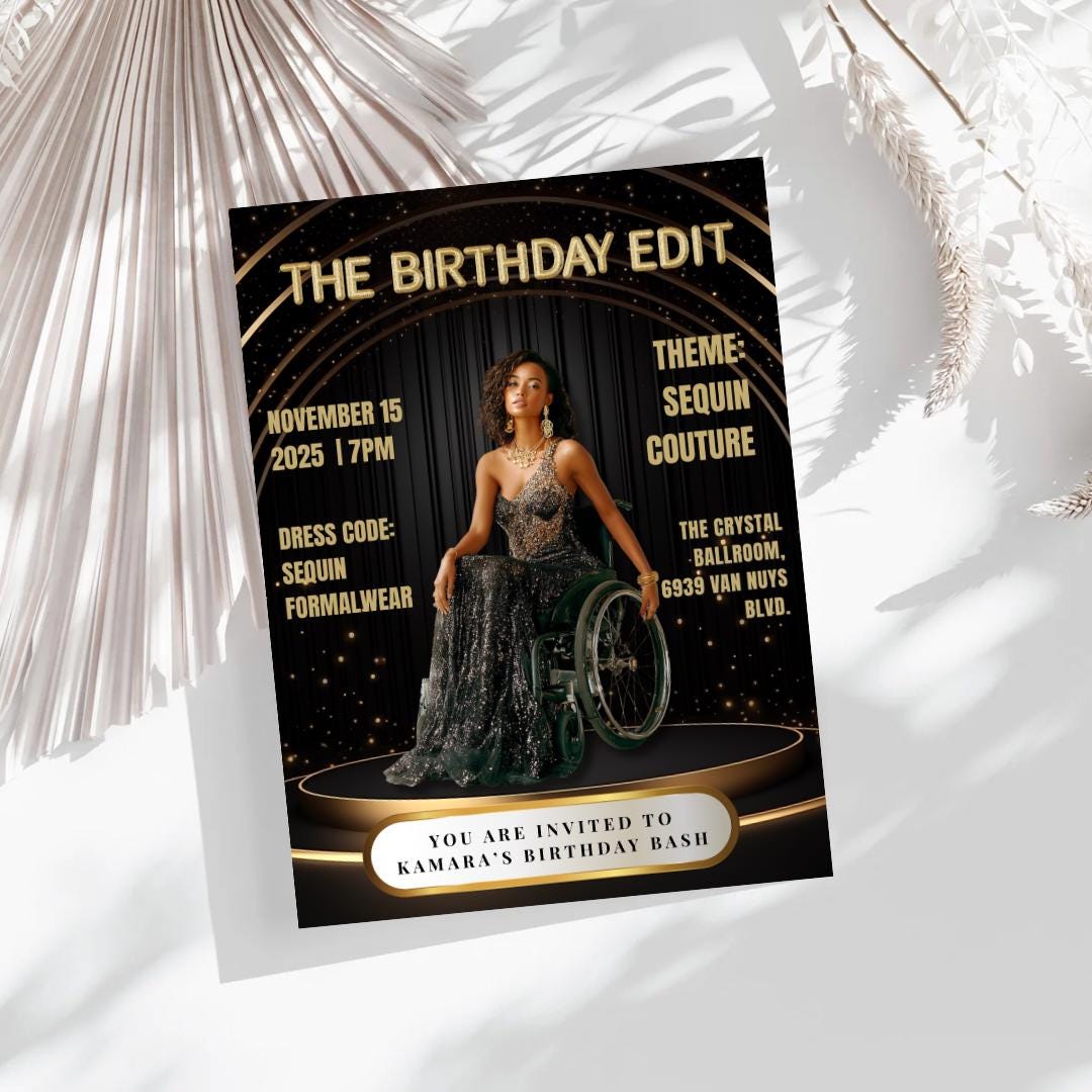 Black & Gold Magazine Birthday Invitation | Glam Party, Sequin Couture (Editable Canva Template)