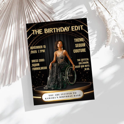 Black & Gold Magazine Birthday Invitation | Glam Party, Sequin Couture (Editable Canva Template)