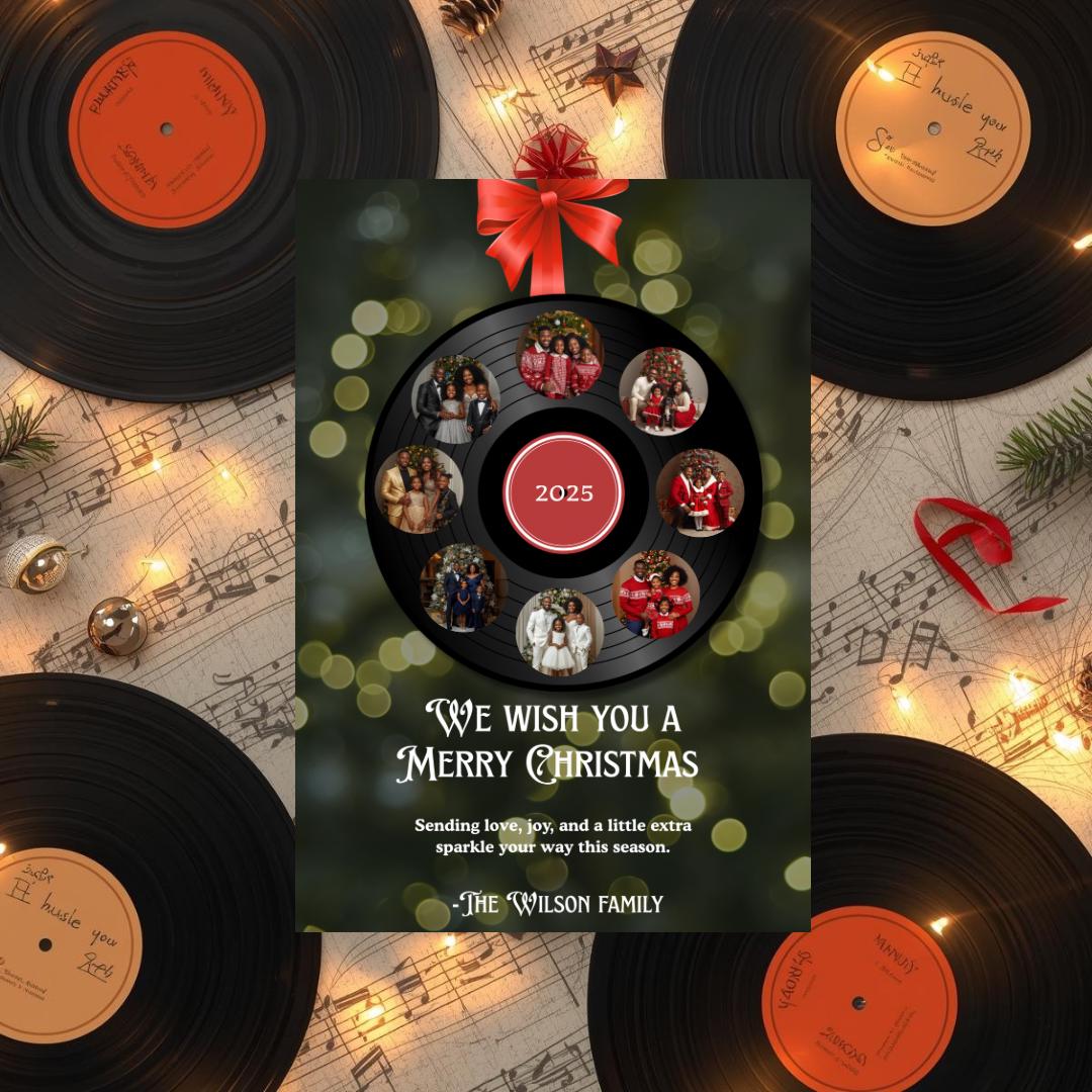 Christmas card template with vinyl record wreath circle, red “2025” badge, holiday greeting.