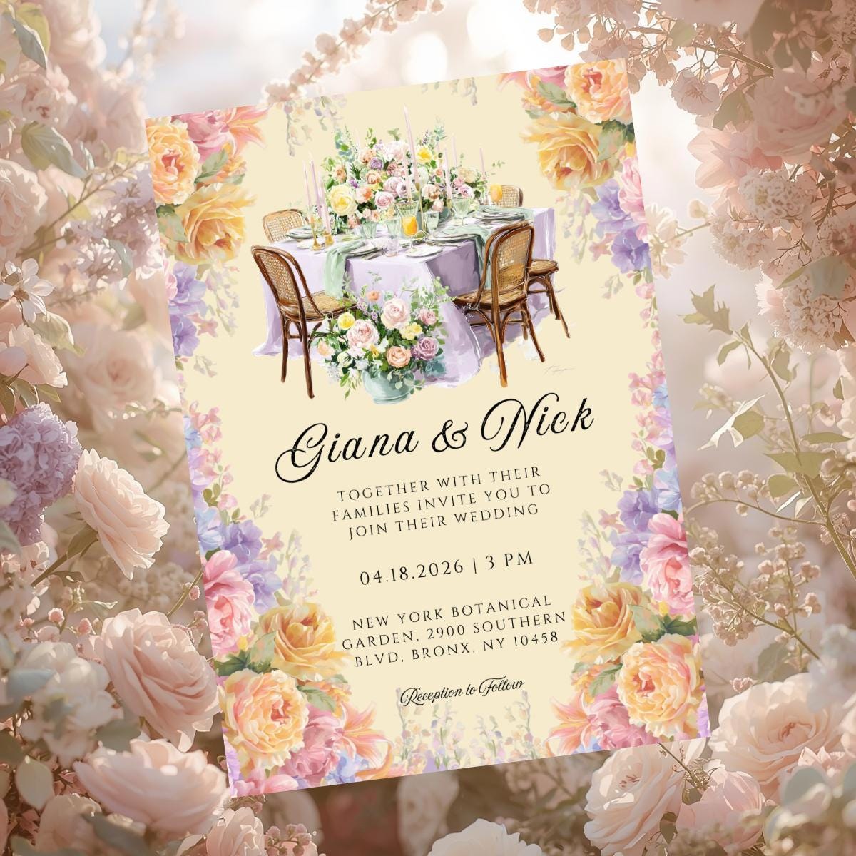 Romantic floral wedding invitation card with couple name and event details in center