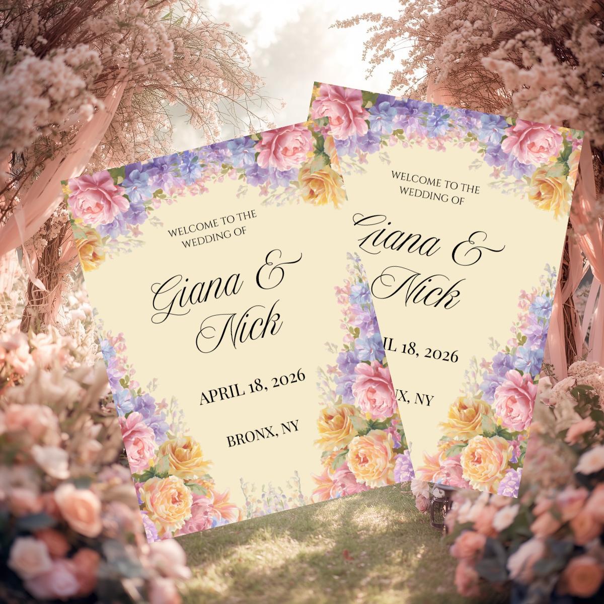 Floral welcome to the wedding cards with couple name and event date