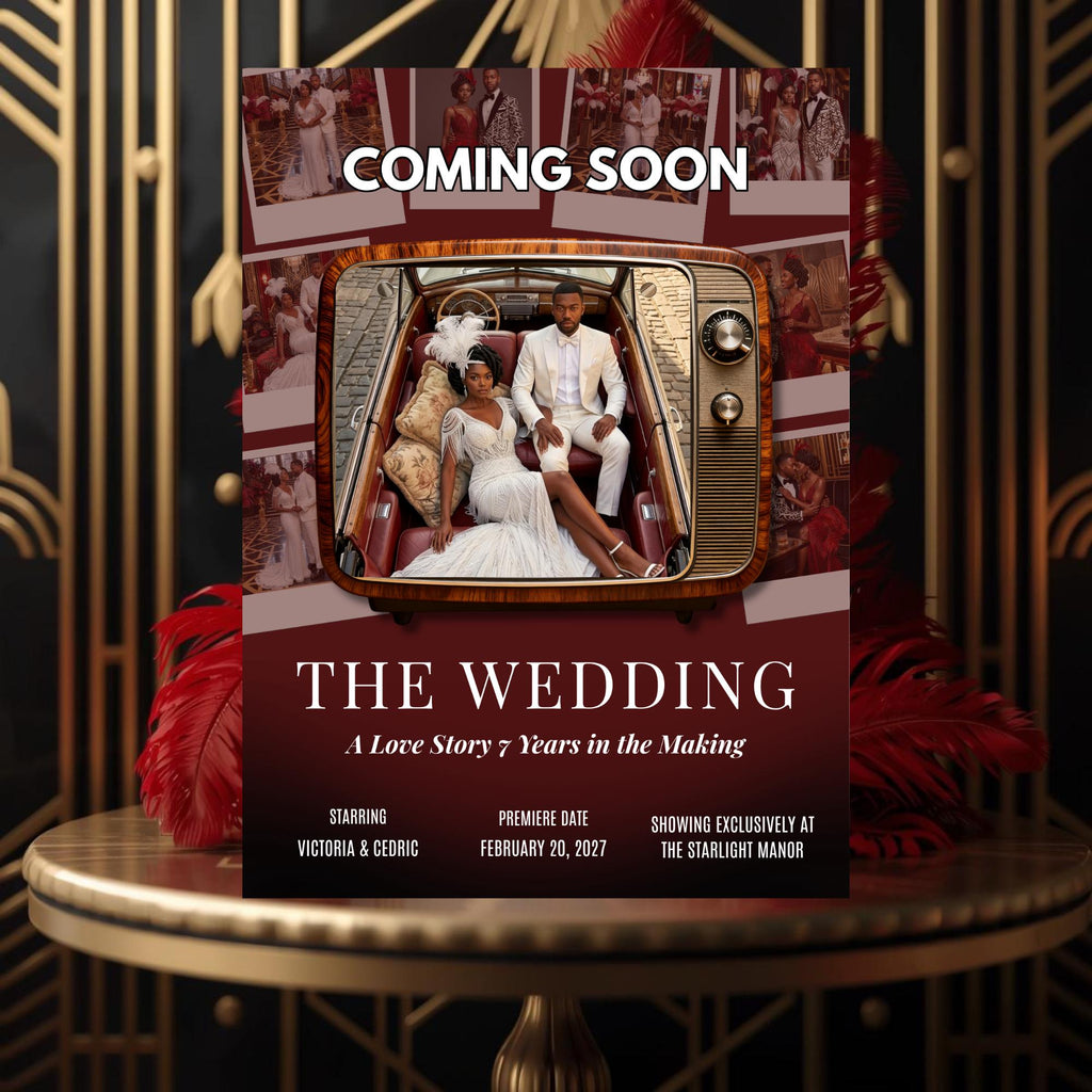 Cinematic wedding movie poster template featuring a couple in a vintage TV frame