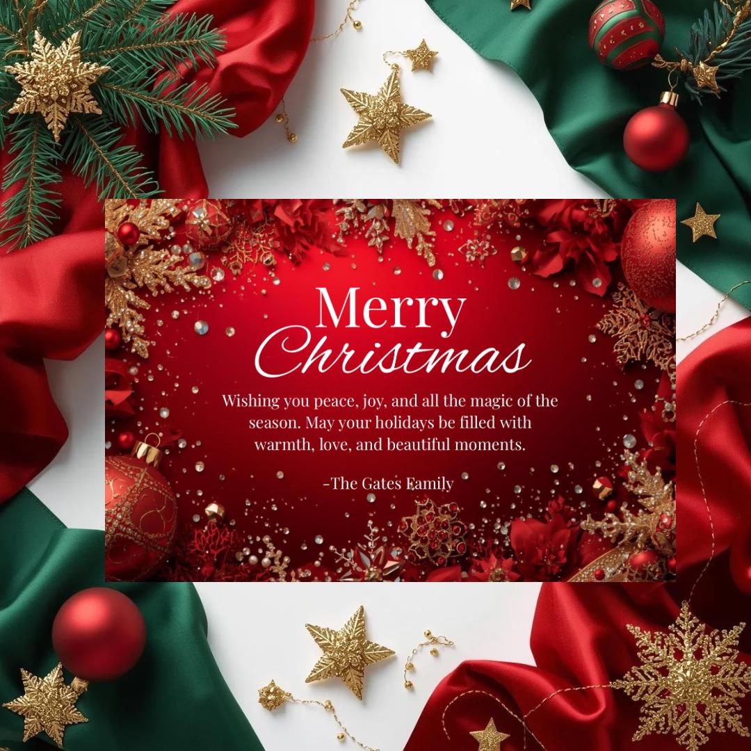 Red Christmas card with 'Merry Christmas' script and 'The Gates Family' signature
