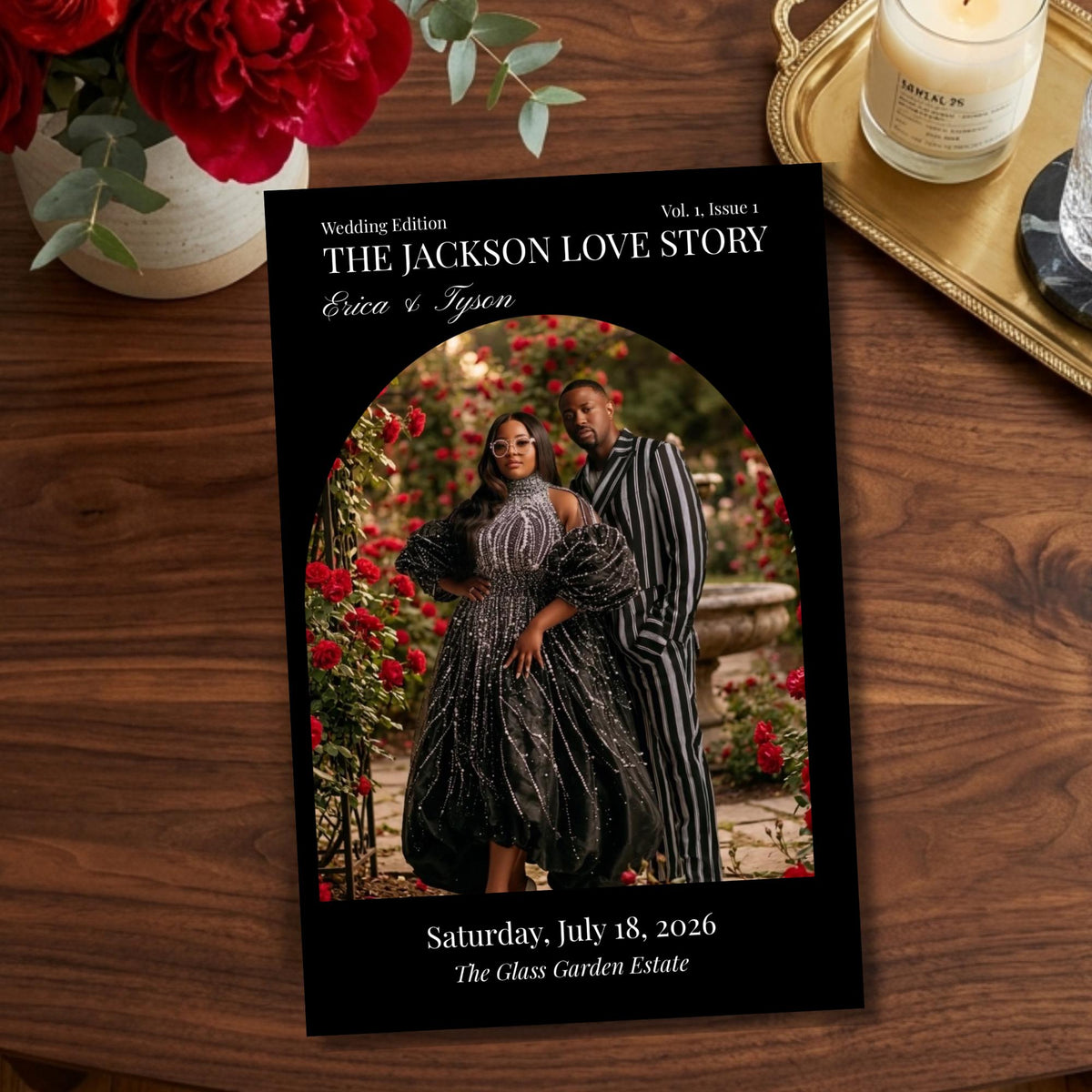 Wedding program cover template with couple photo, black border, roses and event date