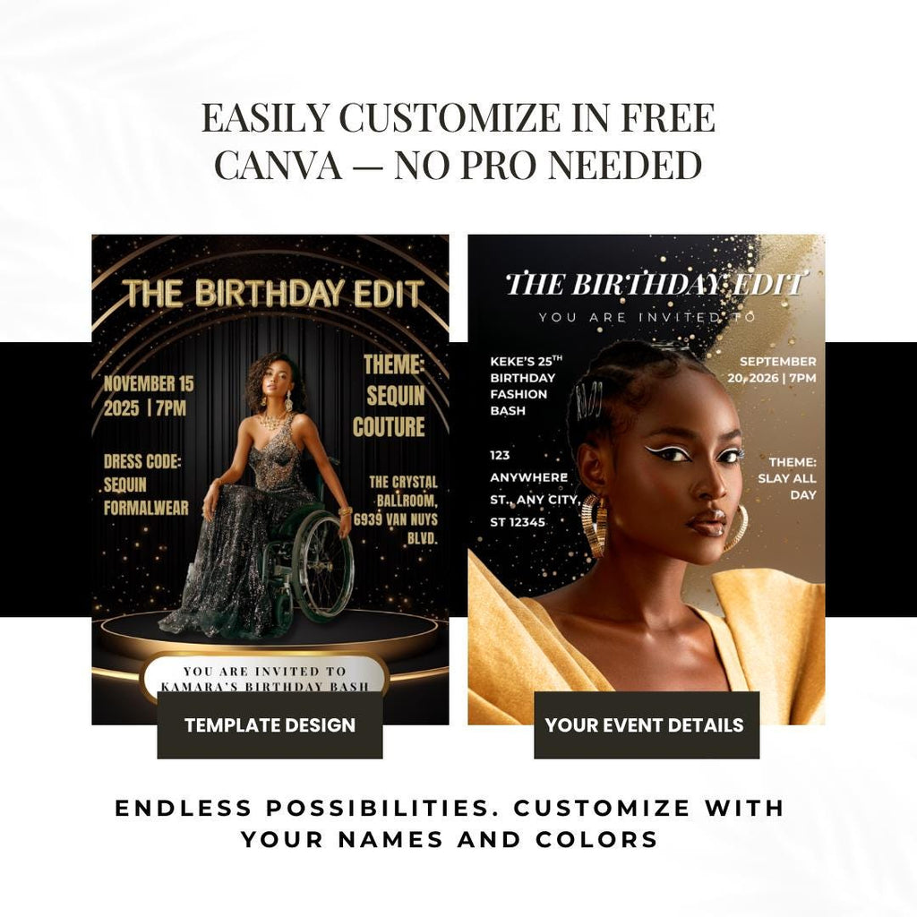 Black & Gold Magazine Birthday Invitation | Glam Party, Sequin Couture | Done for you Design